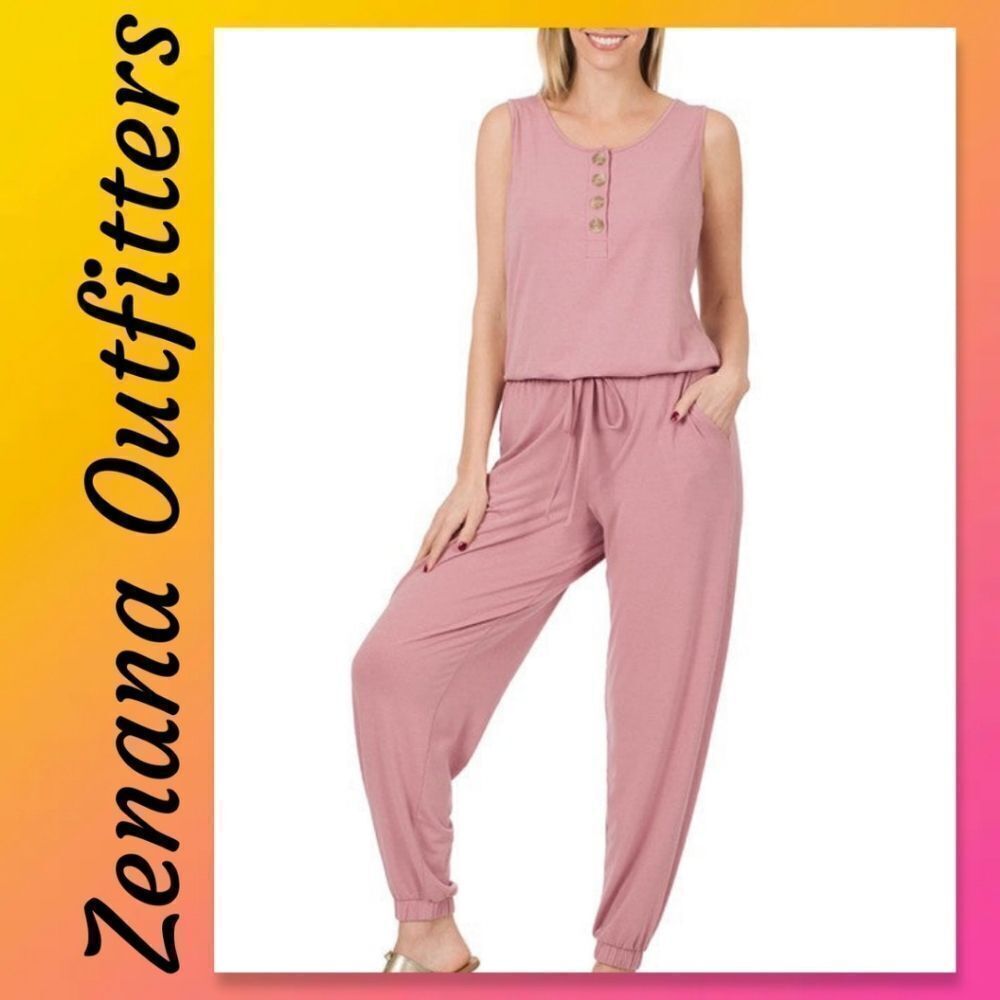 New Zenana Outfitters Drawstring Jogger Jumpsuit - Dusty Rose